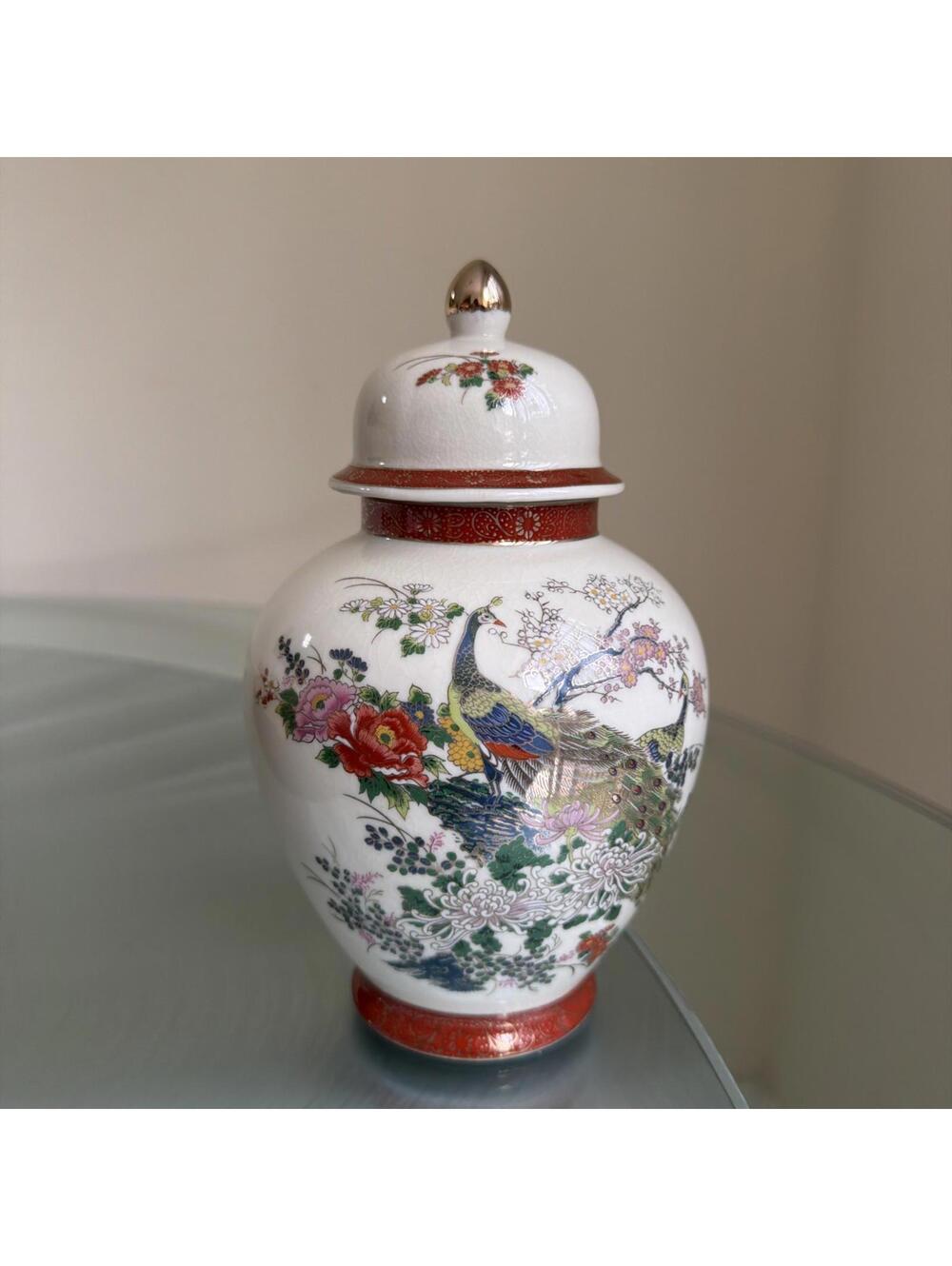 Vintage Japanese Satsuma Ginger Jar w/ Lid Peacock Floral Carhartt Imports Japan